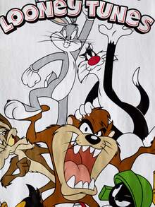 LOONEY TUNES X SHEIN Tween Boy Summer Casual Letter & Cartoon Animal Print Patchwork Striped Trim T-Shirt Cartoon Shirt Boys Cartoon Shirt Cartoon Graphic Tee - White - View 4