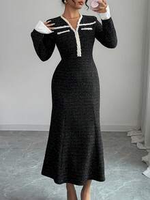 DAZY Vestido midi feminino elegante com decote em V e manga flare - Preto - Ver 2