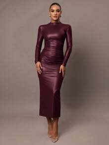 Silquee Women's Autumn And Winter Simple Daily Date Elegant Fashion Tight Sexy Solid Color Super Elastic PU Women's Big U-Neck Sleeveless Romantic Date Autumn And Winter Bottoming Dress Night Wear High Quality Garri Cloth, Shoulder Pad Design Full Of Aura, Solid Color Brown Mid-Length Slim Dress