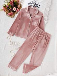SHEIN 女童睡衣，粉色韩国天鹅绒柔软面料，心形刺绣开衫长袖和裤子两件套睡衣套装 - 珊瑚粉 - 查看 3