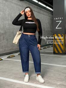 Flexra Plus Size Women's Pocketed Tapered Stretch Casual Jeans - Blue - View 6