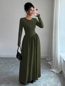 Rafferiza 女式纯色圆领针织拼接褶边长袖半开襟连衣裙 - 軍綠色 - 查看 5