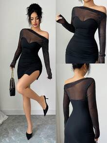 Rafferiza Black Elastic Ruched Waist Dress For Women - Black - View 8