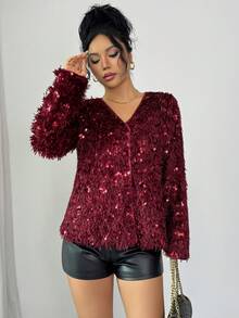 Rafferiza Uhlyne 女式亮片拼接人造毛皮夹克，时尚街头风格外套