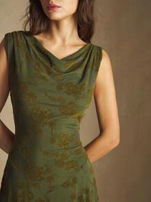 BizChic Olive Green,Summer,Retro,Tea Party Flocked Jacquard Open Shoulder Ruffle Hem Dress,Vintage Chic Elegant Casual Wedding Guest Party Outfit - Army Green - View 5
