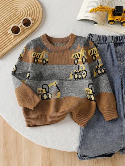 SHEIN Sweter z nadrukiem buldożera dla chłopca w kreskówkowym stylu, modny sweter na jesień/zimę. Uroczy, kreskówkowy wzór buldożerów, ciężarówek i koparek przyciąga wzrok.