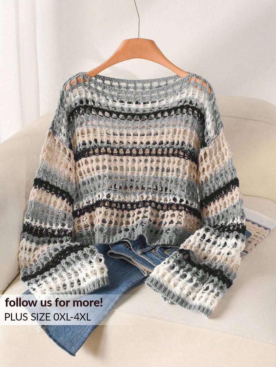 CosyJoli Plus Size Casual Blue & White Striped Hollow Out Boat Neck Loose Cropped Long Sleeve Sweater In Fall/Winter