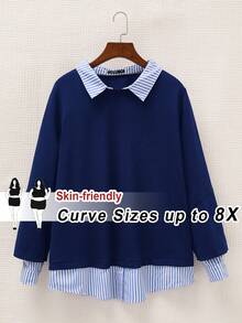 SHEIN CURVE+ 大码女式条纹翻领长袖休闲拼接运动衫 冬季秋季 - 藍色 - 查看 1