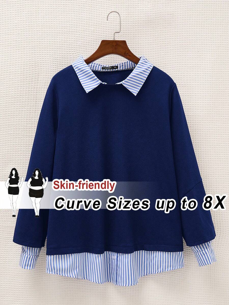 SHEIN CURVE+ 大码女式条纹翻领长袖休闲拼接运动衫 冬季秋季 - 藍色 - 查看 1