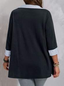 EMERY ROSE Plus Size Casual Commuter Striped Patchwork Shirt, Autumn/Winter - Navy Blue - View 2