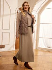 EMERY ROSE 大码女式纯色松紧腰休闲通勤裙 - 咖啡棕 - 查看 4