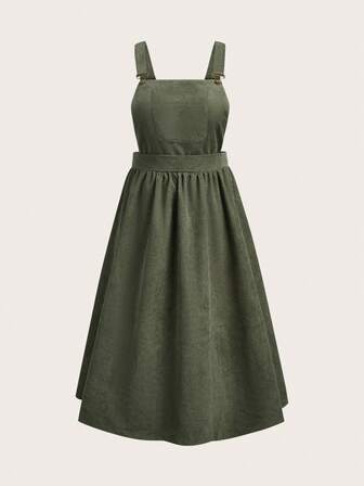 SHEIN CURVE+ 大码女式纯色褶皱休闲宽松吊带连衣裙/秋冬