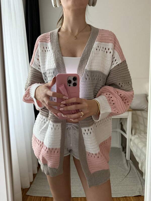 SHEIN EZwear Color Block Drop Shoulder Pointelle Knit Duster Cardigan,Long Sleeve Tops,Knitted Sweater In Fall/Winter