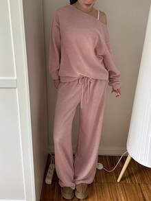 SHEIN CovetEZ 女士粉色针织露肩上衣和裤子休闲套装 - 粉色 - 查看 4