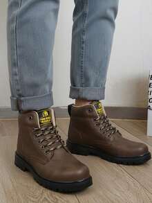 Hombre resistente costura reforzada punta redonda cordones gruesos suela dentada estilo outdoor trabajo excursión bota alta - Marrón - Ver 1