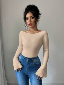 Elenzga 1 Áo len bó tay loe trễ vai cho nữ - Màu be - Xem 7