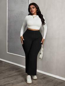 SHEIN PETITE CURVE Women's Plus Size Solid Color Flared Pants With Slit - Black - View 7