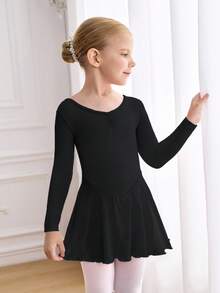 小女孩长袖粉色芭蕾舞裙，圆领，前部褶皱设计，可爱的蝴蝶结后背设计，柔软轻盈的网眼裙，裆部按扣，有弹性且亲肤，适合舞蹈、瑜伽和运动穿着 - 彩色 - 查看 4