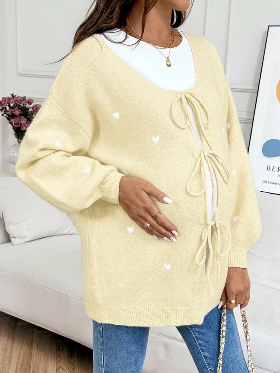 SHEIN Pregnant Women's Casual Heart Pattern Tie-Front Drop Shoulder Long Sleeve Cardigan - Yellow - View 1