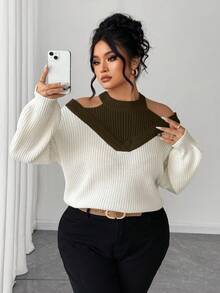 SHEIN Elenzya 女士二合一露肩撞色毛衣 - 咖啡棕 - 查看 6