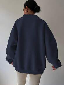INAWLY Women's Dropped Shoulder Long Sleeve Numeric Pattern V-Neck Casual Versatile Sweatshirt - Navy Blue - View 2