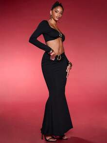 Normani 2件套女士金属装饰美人鱼尾裙摆套装 - 黑色 - 查看 4