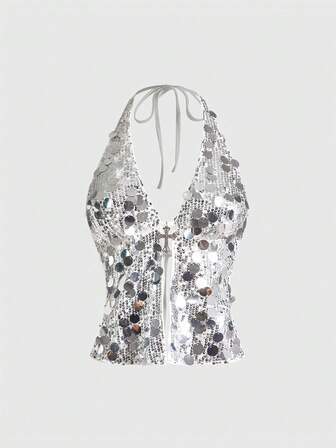 Grunge Punk Top débardeur femme sexy à col ras-du-cou avec pendentif croix pailleté, style punk rock, pour fête, événement musical, festival, costume du Nouvel An, style Y2K millénaire