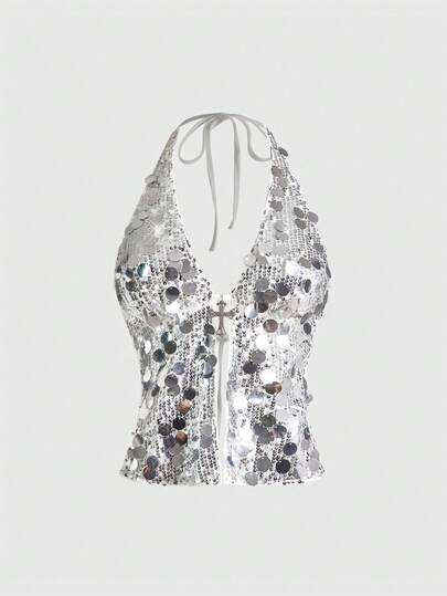 Grunge Punk Punk Rock Diva Party, Festival Music Event New Year Costume, Halter Neck Sexy Sequin Cross Pendant Women Tank Top, Y2K Millennium