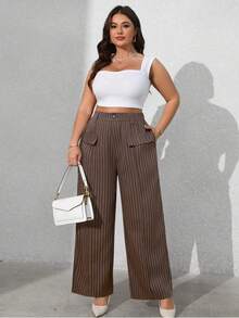 EMERY ROSE 秋冬大码女式法式休闲优雅条纹长裤 - 棕色 - 查看 4