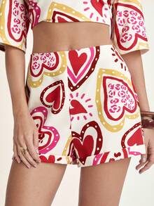 CAJUNI Women's Colorful Heart Print, Bohemian Style Apricot Mini Shorts, Casual Holiday Beach Shorts For Summer