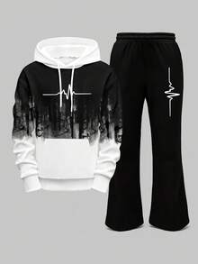 Manfinity Dauomo 2 piezas Conjunto de Hombre con Estampado Degradado, Sudadera con Capucha de Manga Larga Casual y Cómoda y Pantalones con Pierna Acampanada, Adecuado para Uso Casual Diario - Negro - Ver 1