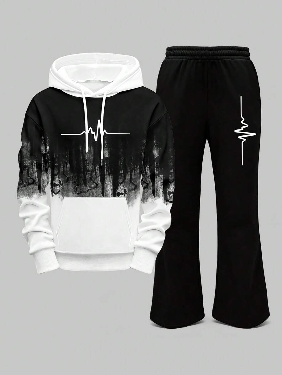 Manfinity Dauomo 2 piezas Conjunto de Hombre con Estampado Degradado, Sudadera con Capucha de Manga Larga Casual y Cómoda y Pantalones con Pierna Acampanada, Adecuado para Uso Casual Diario - Negro - Ver 1