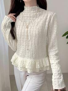 FRIFUL Women's Turtleneck Textured Fabric Layered Ruffle Hem Fitted T-Shirt - Apricot - View 5