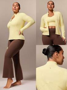 GLOWMODE Plus Size FeatherFit™ Slim Fit Thumbhole Jacket With Side Pockets Low Impact Yoga Pilates Studio Daily Casual Wear/ Spring Summer - French Vanilla - 查看 9