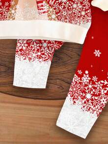 SHEIN 女婴可爱搞笑卡通圣诞驯鹿扎染雪花圣诞红喜庆休闲柔软厚圆领长袖运动衫和紧身裤套装，适合秋冬季 - 彩色 - 查看 5