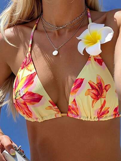 Swim Mod Women's Tropical Print Two Pieces Bikini Swimsuit Top, Casual Resort Wear, Christmas Outfits, New Year Outfits