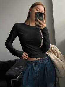DAZY Women's Solid Color Casual Long Sleeve T-Shirt,Fall Clothes - Black - View 2