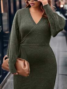 EMERY ROSE Plus Size Women Solid Color V-Neck Knitted Sweater Dress, Elegant Casual Autumn/Winter Dress Suitable For Christmas, Halloween, Back To School Season - Green - View 4