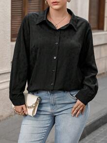 EMERY ROSE 大码女式梭织常规秋冬休闲舒适约会夜压花黑色长袖衬衫 - 黑色 - 查看 5