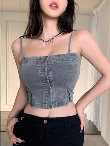 DAZY 女士夏季超短修身裹身休闲度假吊带牛仔抹胸上衣 - 淺色水洗藍 - 查看 3