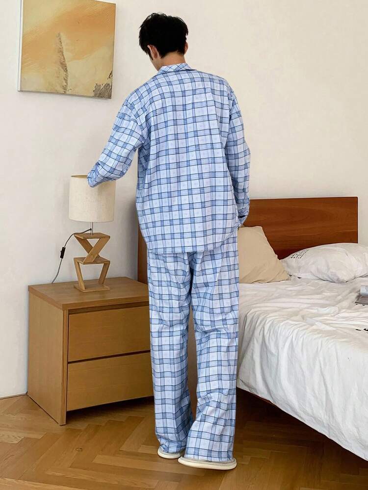 Men's Autumn Plaid Shirt With Letter Embroidery & Pants Pajama Set, Fall & Winter Clothes