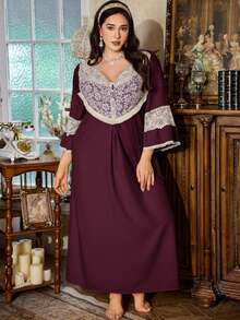 PalaceNights Camisón vintage con volantes de encaje, talla grande, otoño e invierno - Morado - Ver 3