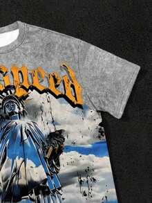 青少年男孩休闲极简涂鸦手写英文字母运动风街头风Y2K短袖圆领T恤，适合夏季 - 彩色 - 查看 3