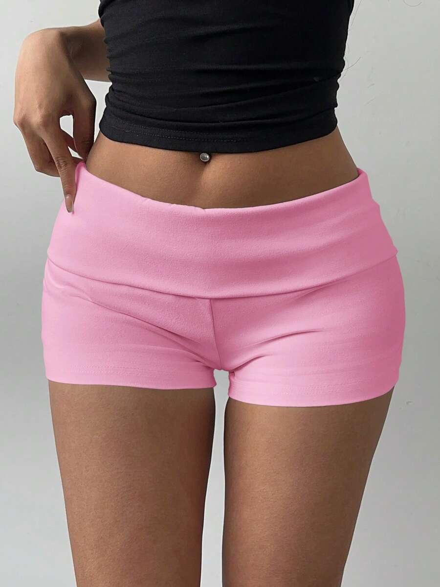 SHEIN BASICS 女式休闲纯色针织低腰修身运动短裤 - 粉色 - 查看 1