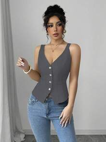 Elenzga Women's Solid Color Single-Breasted Slim Fit Camisole - Dark Grey - View 4