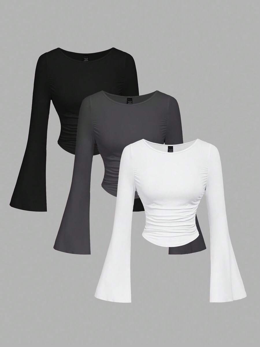 SHEIN MOD 3pcs Kaos Wanita Warna Polos Leher Bulat Lengan Lonceng Berkerut, Atasan Lengan Panjang Pas Badan, Musim Gugur, Pakaian Musim Gugur untuk Wanita - Hitam dan Putih - View 1