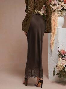 L'Amorae Solid Satin Lace Hem Detail Low Rise Midi Skirt