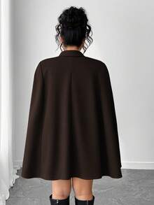 Elenzga 大码女式优雅扣领羊毛斗篷大衣 - 咖啡棕 - 查看 2