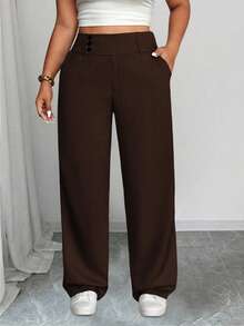 SHEIN Tall CURVE 大码女式休闲宽腰直筒裤 - 巧克力棕 - 查看 5