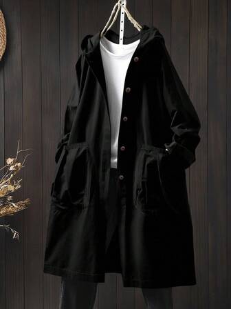 SHEIN LUNE 大码休闲连帽长款夹克，带大口袋